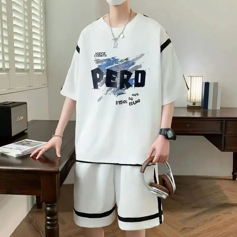 

American Style Casual Sport Set Summer Loose Large Size Patchwork Half Sleeve T-Shirt Shorts Men's Fashion Combination Set