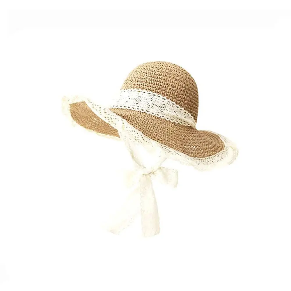 

Elegant Large Brim Women Straw Hat Sunshade Breathable Lace Tied Sun Hat Neck Cover Korean Style UV Protection Cap Travel