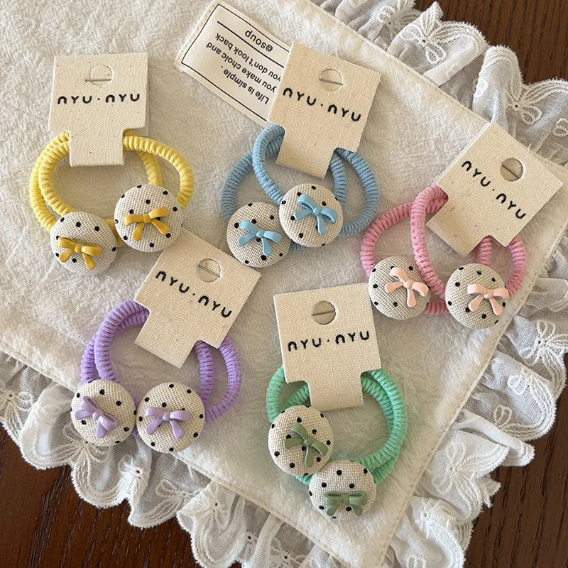 Ponytail Holders 2 Pack Retro Polka Dot Bow Button Fabric Non Slip Sturdy Elastic Bands for Kids Pigtails Everyday