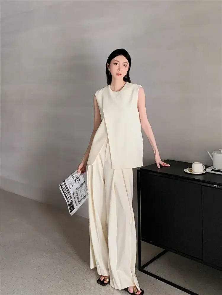 2024 Summer New Korean Edition High End Style Suit Vest Wide Leg Pants Two Piece Set for Women\'s Fashion and Fashionable Style