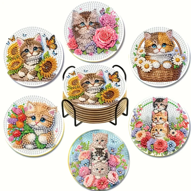 6-Piece DIY Diamond Painting Coasters Set with Stand - Spring Festival Cat Theme, Round and Unique Shaped Diamonds, Adult & Begi