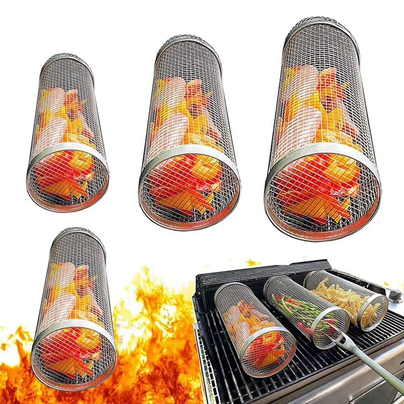 

3Piece Rolling Grilling Basket Stainless Steel Grill Mesh Barbeque Grill Portable Grill Baskets For Meat