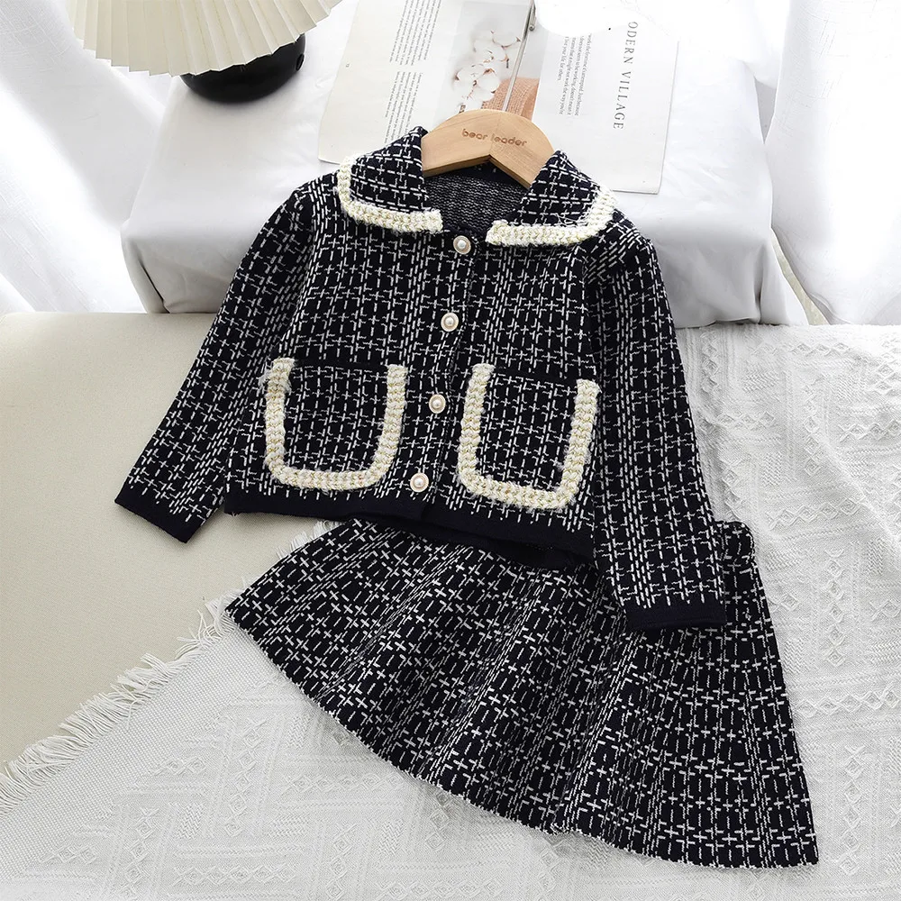 Autumn Winter Fashion Plaid Printed Children's Set Long Sleeved Pocket Cardigan Jacket+Short Skirt Sweet Princess Girls Clothes