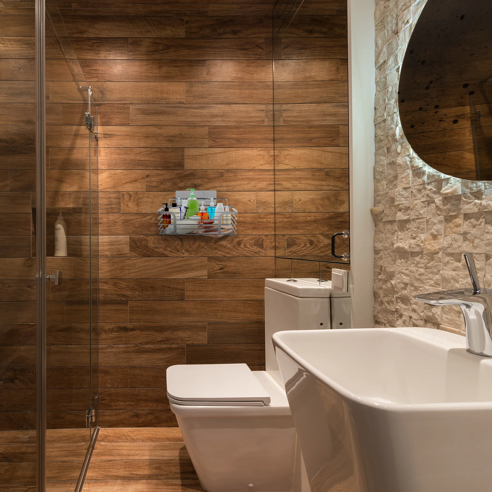 

1pc Stainless Steel Wall Mounted Shelf No Drill Kitchen Bathroom Space Saving Heavy Duty Wide Guardrail Storage Rack