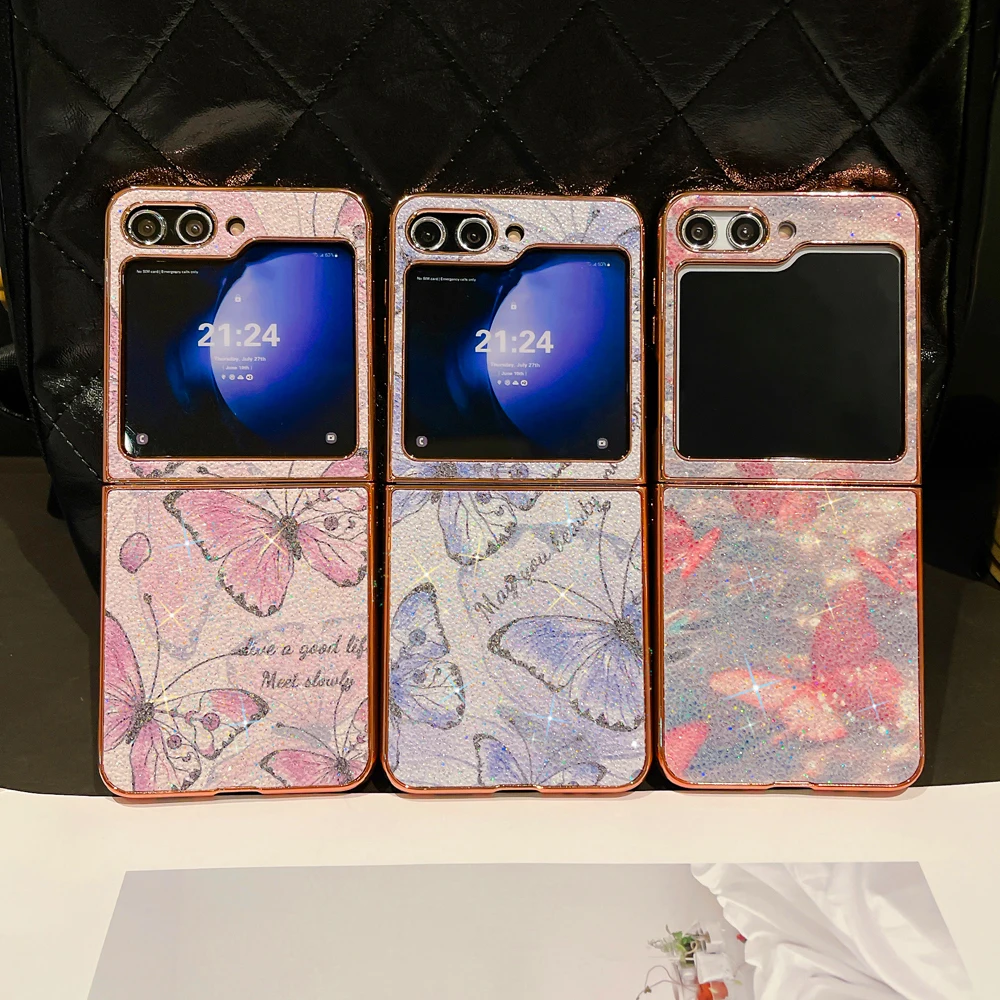 

Luxury Gold Plating Matte Cover Fashion Women Glitter Butterfly Phone Case for Samsung Galaxy Z Flip 7 Z Flip 6 Flip 5 Flip 4 3