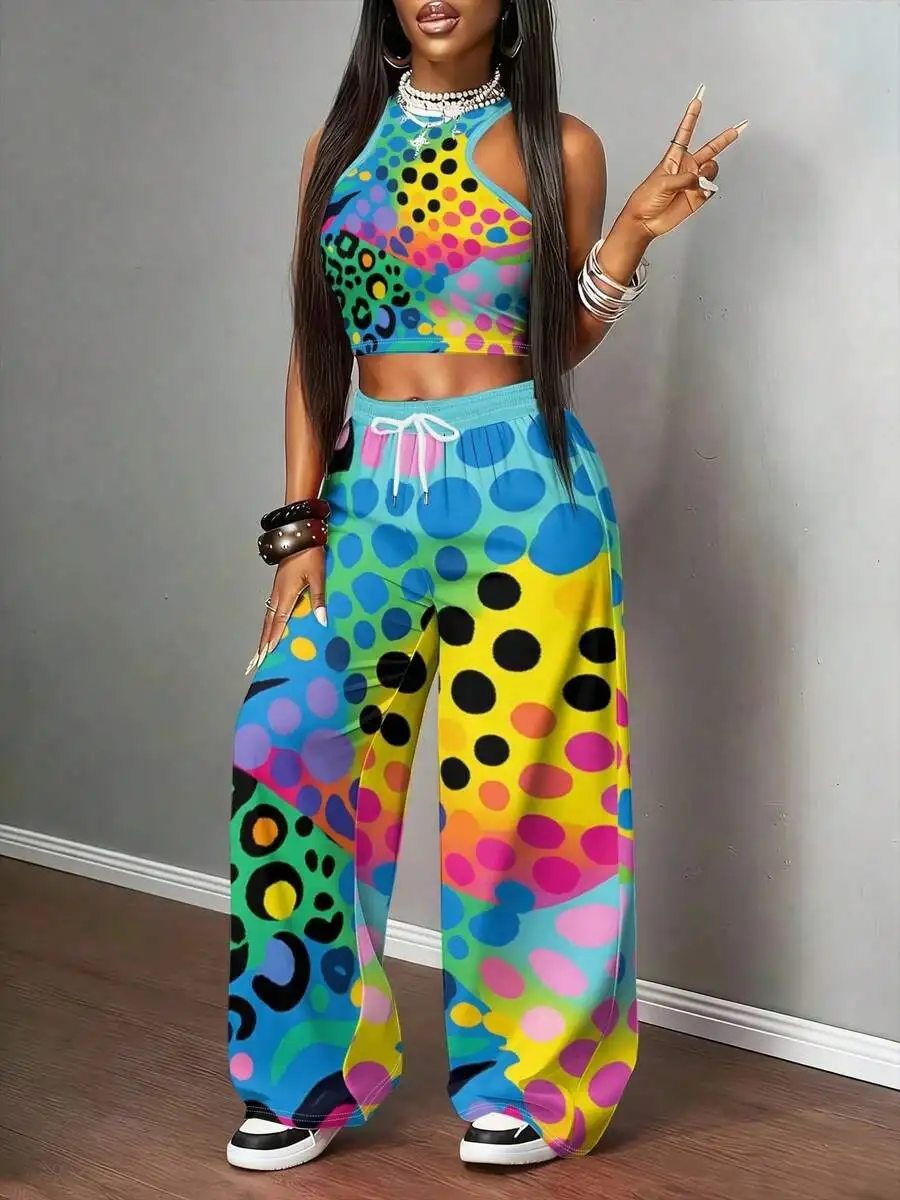 

Colorful Polka Dot And Leopard Print Crop Top With Wide Leg Pants Set For Women Street Style Casual Outfit