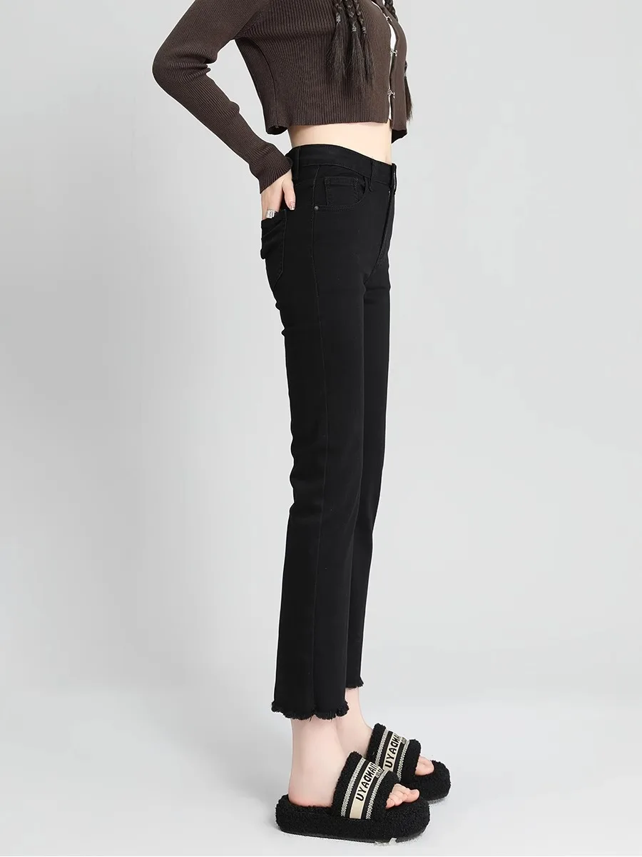 High Waist Fleece Lined Straight Leg Denim Jeans Women's Elastic Slimming Black High Waist Stretchy French Bread Smoke Tube P...