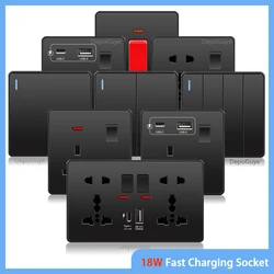 Universele zwarte USB Type-C 18W slimme snellaadaansluiting Dubbele 5-pins stekker, UK elektrische interne wandlichtschakelaar