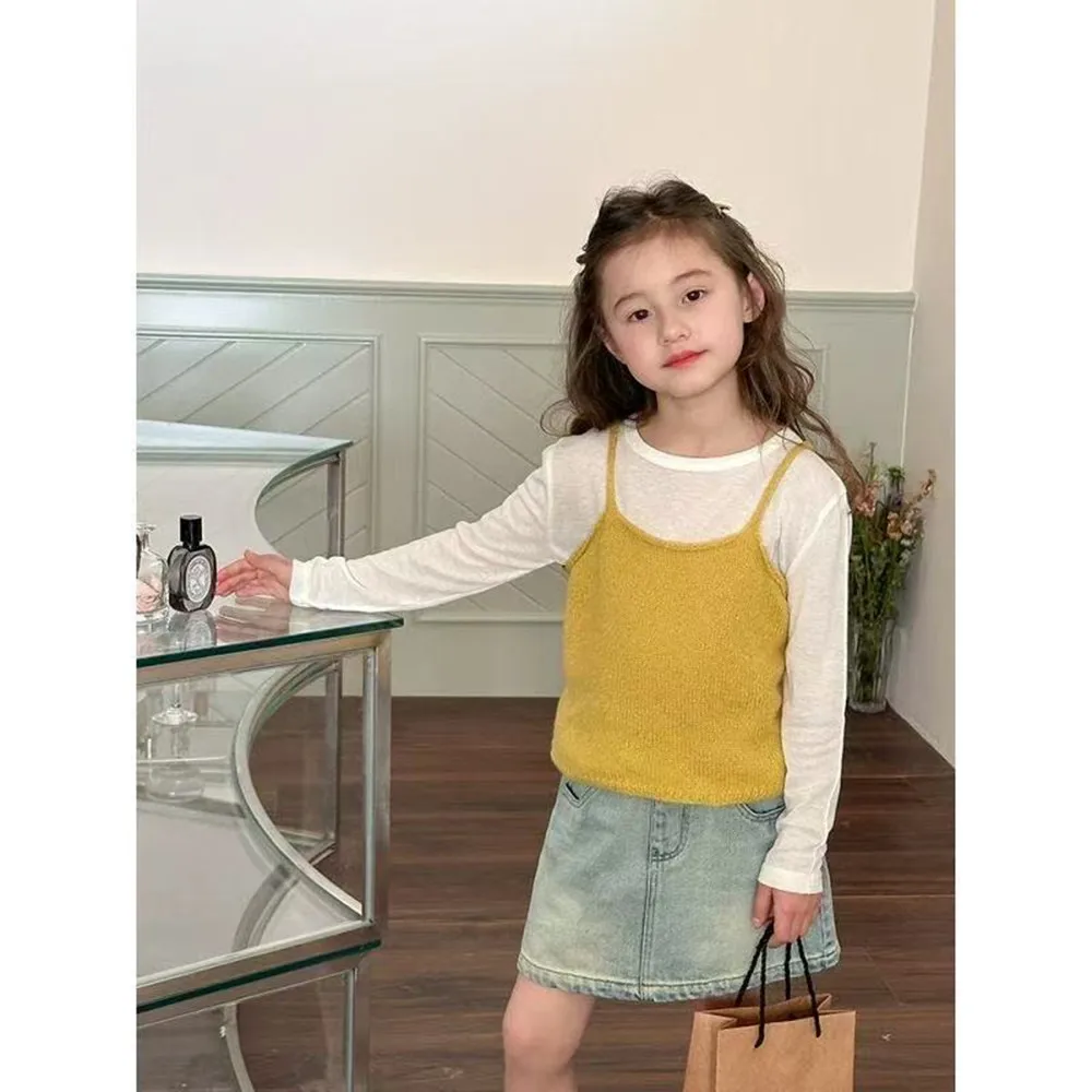 

2025 New Children's Spring Sweater Girls' Elegant Solid Color Versatile Korean Version Knitted Tank Top
