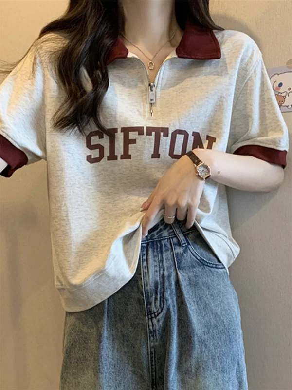 Summer New  Collar Short Sleeve Loose Fit T-Shirt for Students Fashionable Half Zippered Short Length Top Youth Polyester...