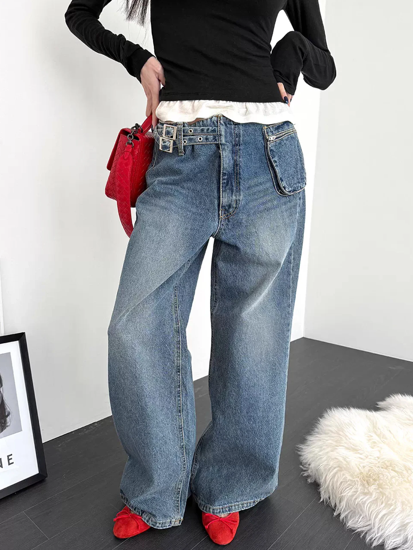 

Джинсы женские с высокой талией, прямые, широкие, с боковой сумкой на поясе, новинка весны, повседневные, для работы и отдыха