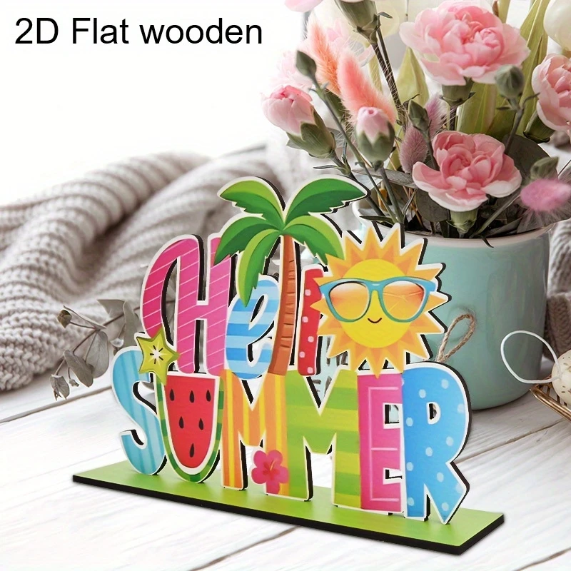 Hello Summer Wooden Desktop Decoration Multi-Color 2D Coconut Theme Palm Trees Sun Watermelon Design for Office Home Decor Gifts