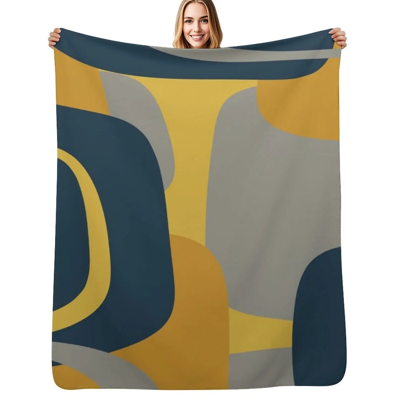 Mid Century Modern Retro Abstract Pattern in Navy Blue, Mustard Yellow, and Gray Throw Blanket Picnic Moving Blankets