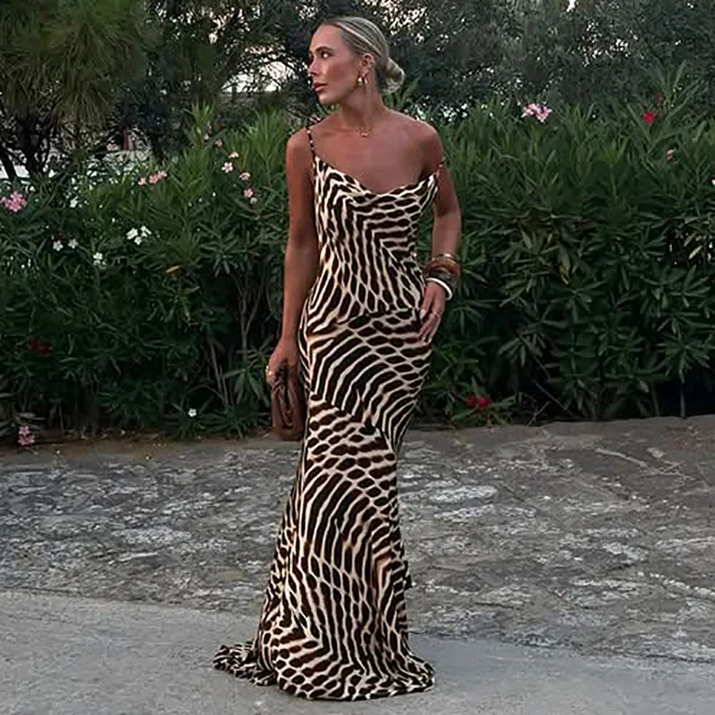 

Women Banquet Printed High Waisted Sling Sundress Sleeveless Backless Irregular Maxi Dress Vacation Skinny Summer Trend Sexy