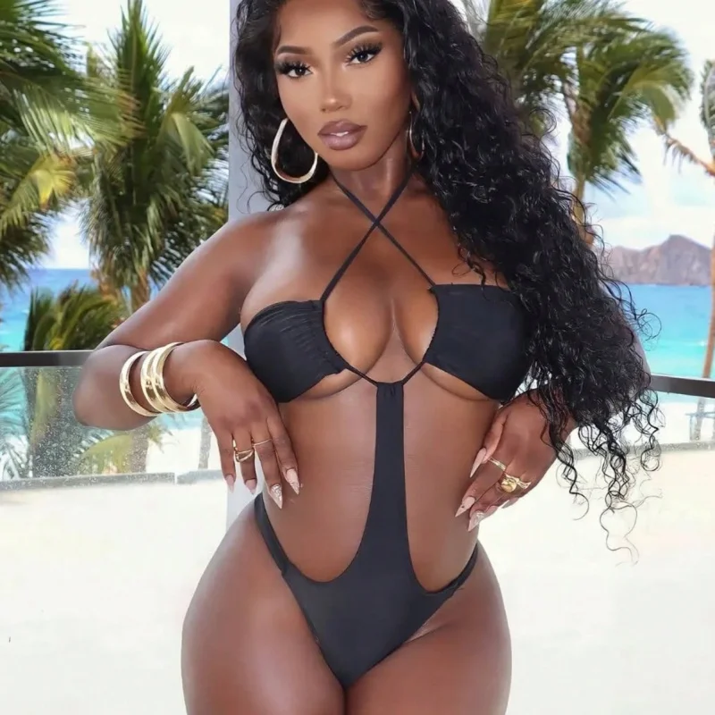 

Summer new sexy cross-strap fashion simple solid color hollow high-waisted one-piece swimsuit