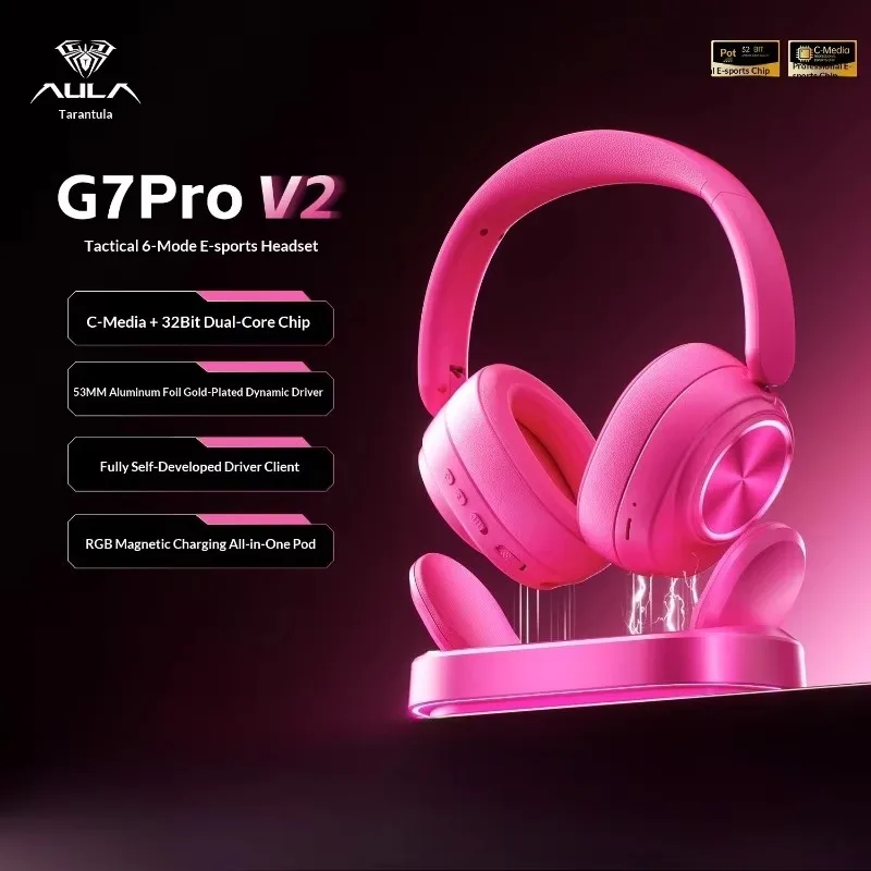 Aula G7 Pro V2/G7V2 Over-Ear Gaming Headphones Six Modes 7.1 Surround Sound Mic with Charging Dock for PC Console E-Sports Setup