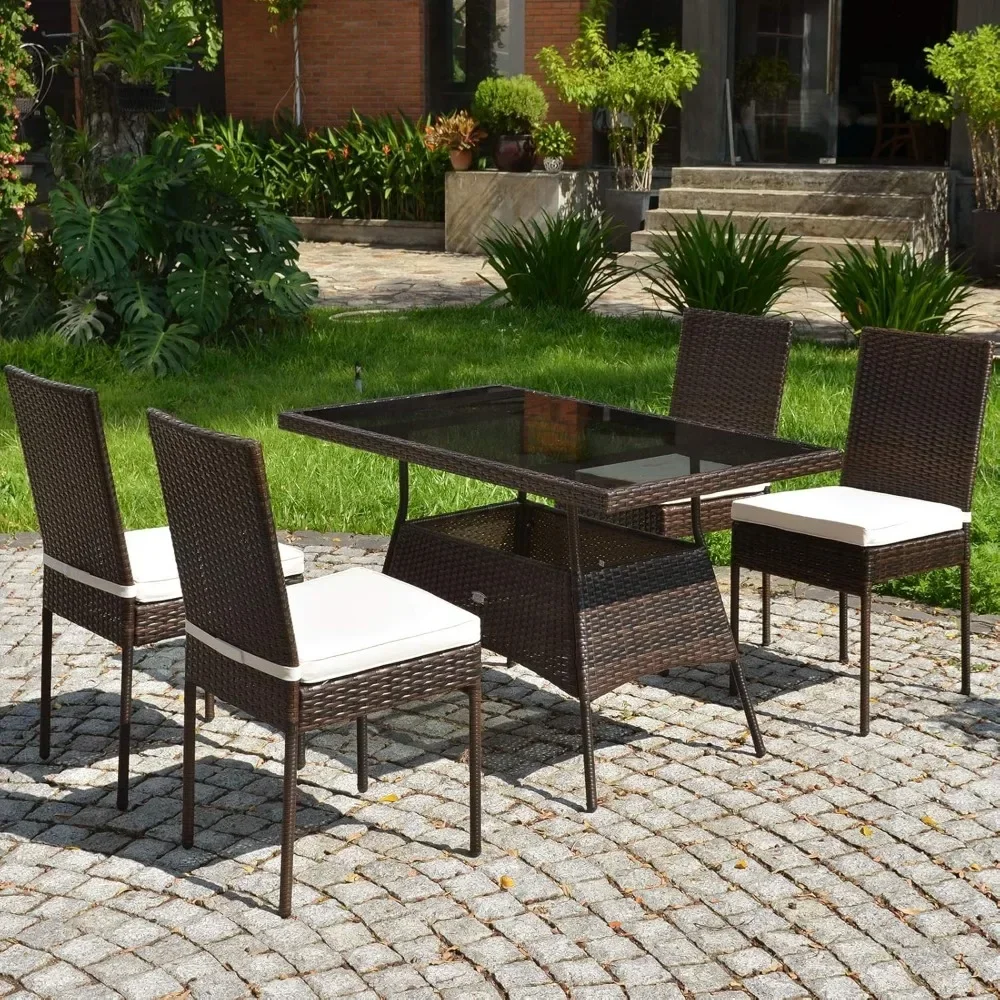 5 Piece Patio Wicker Dining Set, Outdoor Rattan Table and Chairs with w/Tempered Glass Table Top & Padded Cushions