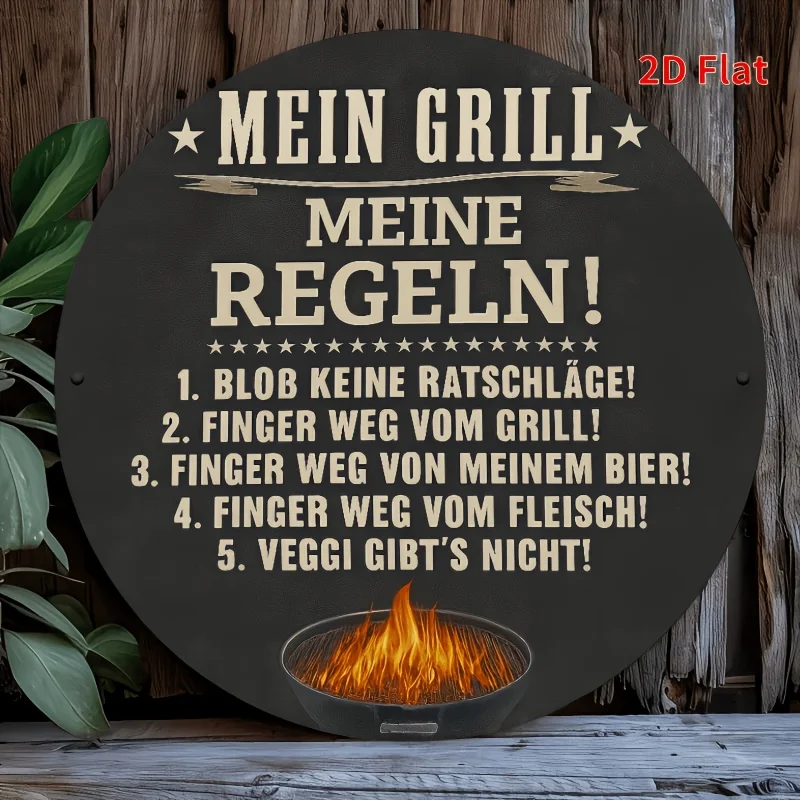2D Flat, Fun BBQ Rules Metal Sign - Black Background with Flame Design - Humorous Decor for BBQ Masters - Kitchen, for Man Cave
