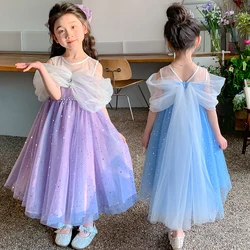 2024 Children's Dress Summer Purple Blue Little Girl Ball Princess Birthday Party One-shoulder 3 to 10 Years Old Sequin Dresses