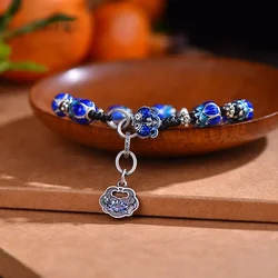 925 Silver Blue Enamel Charm Bracelet for Women Creative Exquisite Lotus Vintage Braided Bangles New in Originality Jewelry Gift