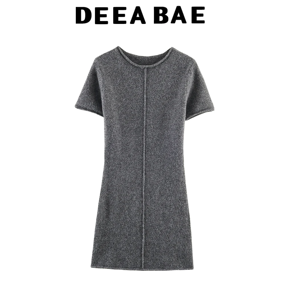 DEEABAE Winter nieuwe dameskleding Britse stijl zachte geribbelde mini-jurk met ronde hals en korte mouwen