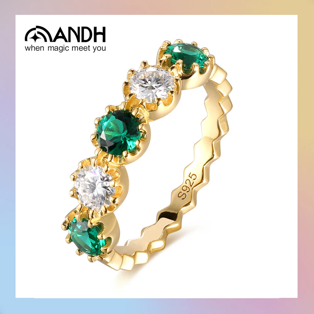 

ANDH Cultured Emeralds Moissanite Half Eternal Ring 925 Silver Gold Plated Anniversary Wedding Engagement Jewelry Gift for Women