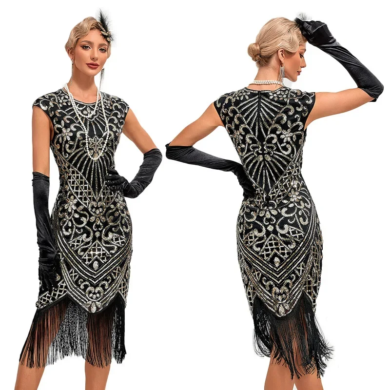 1920s Retro świetny imprezowa, koktajlowa Gatsby bankiet duża sukienka Charleston Dance Dress frędzle, cekin sukienka