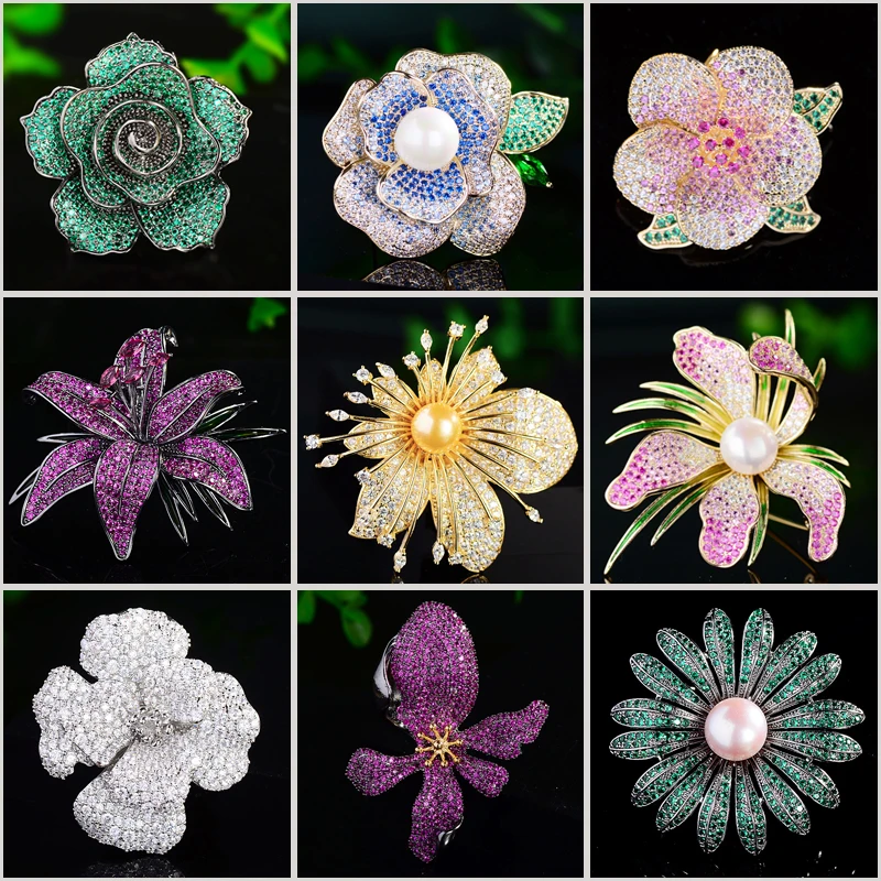 

New Camellia Rose Brooches for Women Elegant Fresh Water Pearl Zircon Corsage Temperament Jacket Coat Female Accessories Pins