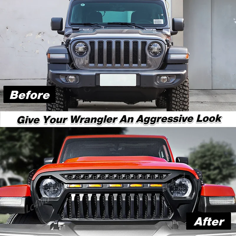 Lc4wd 4x4 acessórios exteriores grade de malha dianteira grelhas de corrida com luzes led âmbar para 2018-2024 jeep wrangler jl jlu jt