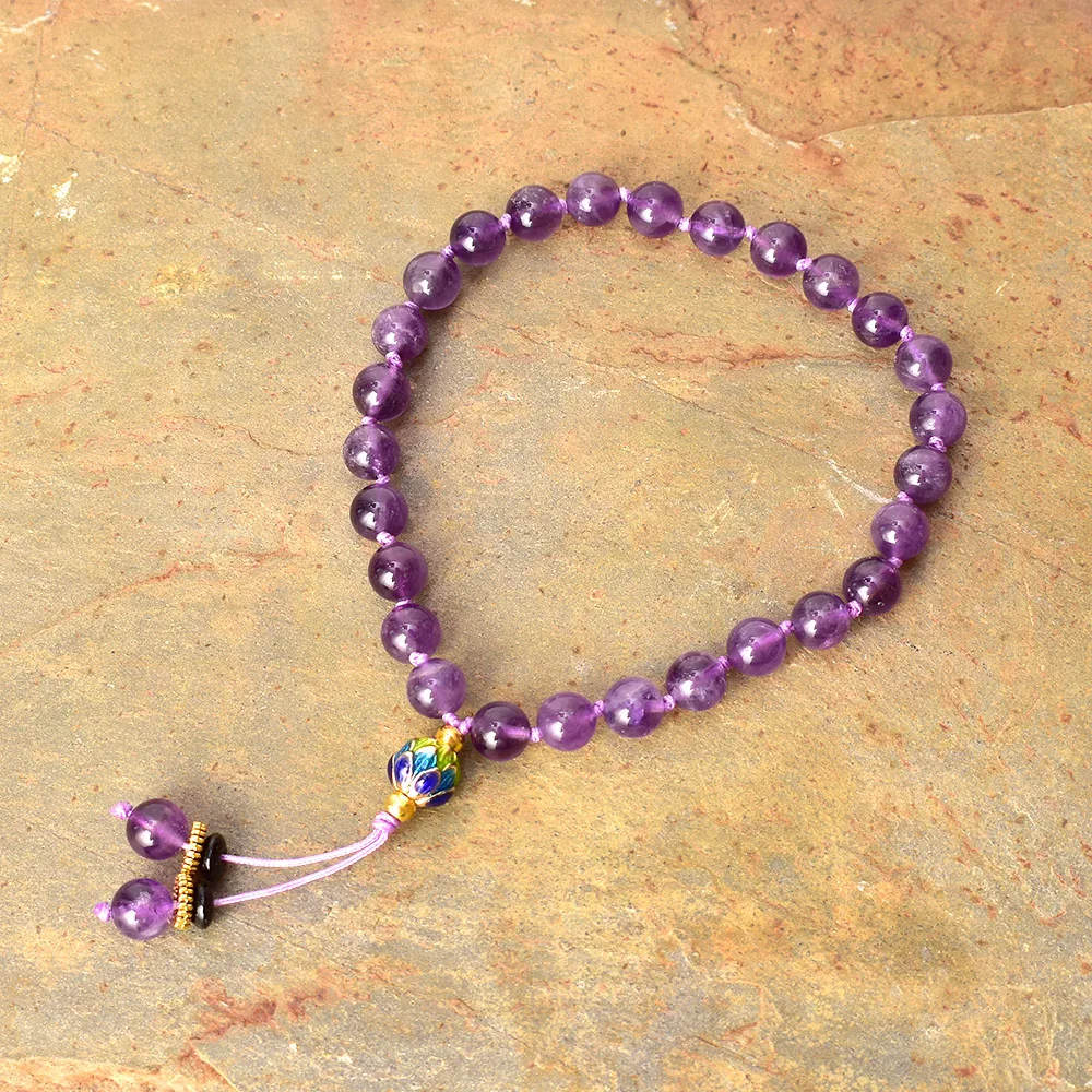 8mm Amethyst Knotted 27 Prayer Beads Lotus Bracelet Tibetan Buddhist Beads Quarter Pocket Mala Yoga Meditation Jewelry Dropship