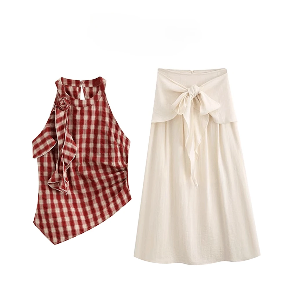 

2025 винтажный жилет с подвесным воротником из ленты, красный клетчатый жилет + юбка с рюшами нестандартной формы