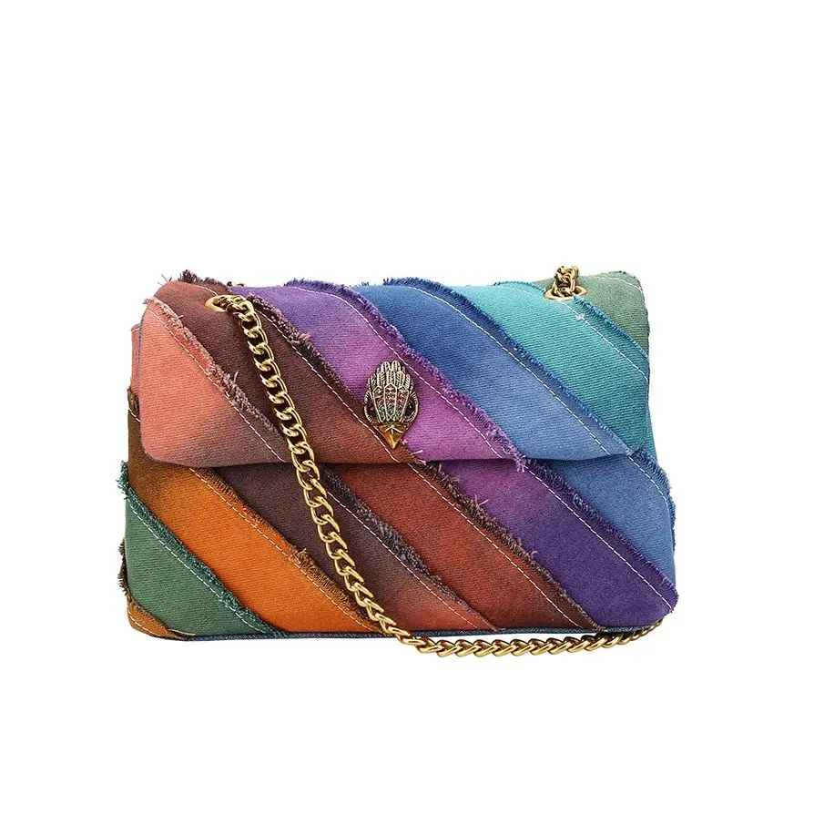 Fanshion Lady Colorful Handbag Wash Denim In Weave Print Purse Jointing Rainbow Cross Body Bag Patchwork Jean Bag Casual Bag