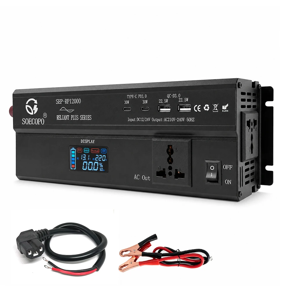 12000W Spitzenleistungs-Wechselrichter DC12V24V 48V 60V 72V zu AC110V/220V Konverter USB-C PD30W QC3.0 Ladegerät für Kleingeräte und Beleuchtung