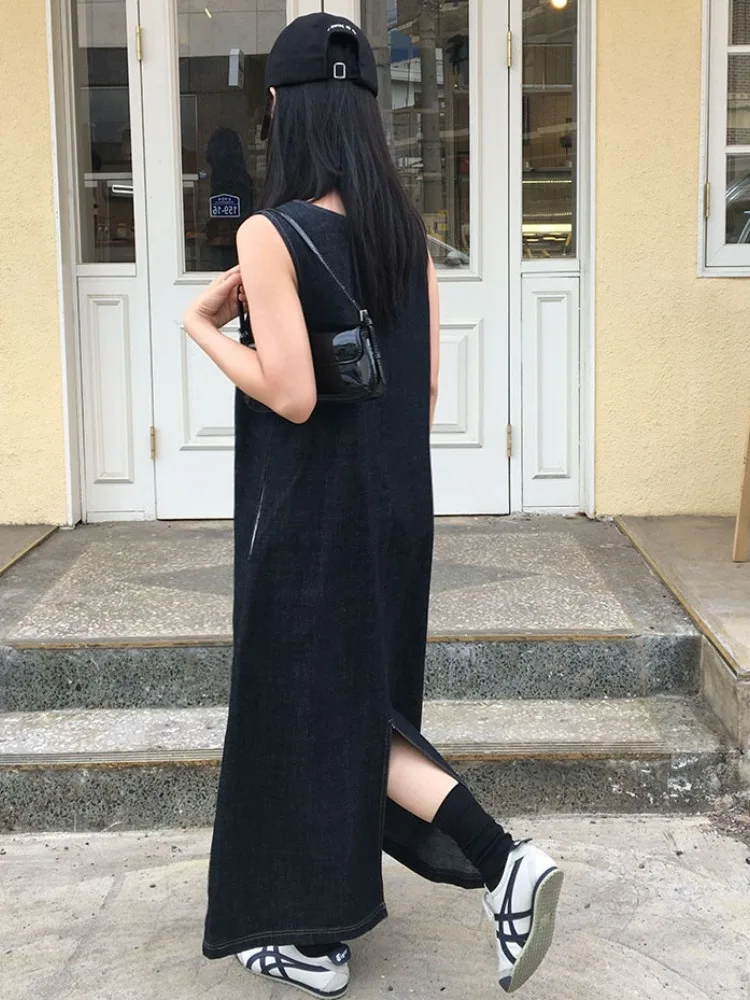 

Retro U-Ne Embroidery Design Denim Vest Dr Women Summer New Loose A-Line Long Skirt Dres Casual Faionable