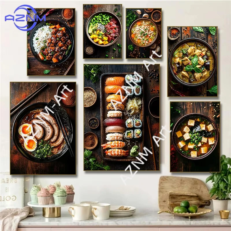 Póster Impreso en Lienzo de Ramen, Pollo Teriyaki y Arroz, Decoración de Cocina y Restaurante, Comida Asiática, Plato de Sushi, Tuna Poke Bowl