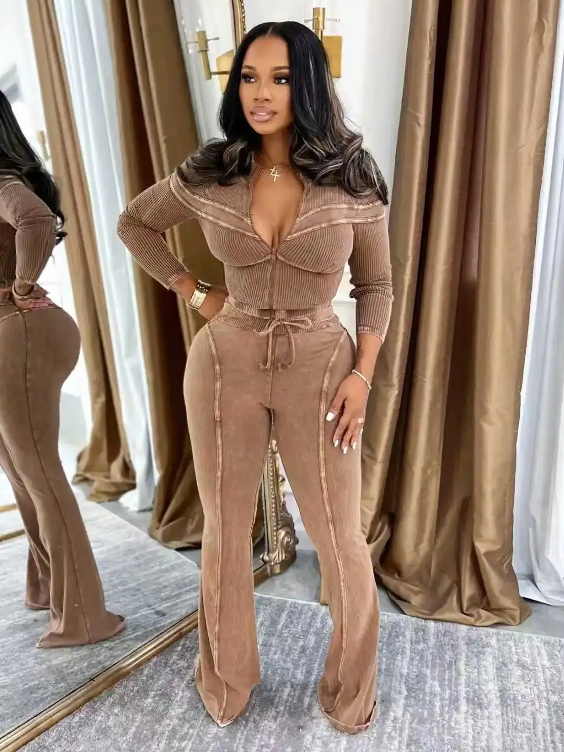 

Weird Puss Fashion Patchwork 2-Piece Set Women Vintage Stripe Zip Jacket+Drawstring Flare Pants Autumn Trend Stretch Slim Outfit