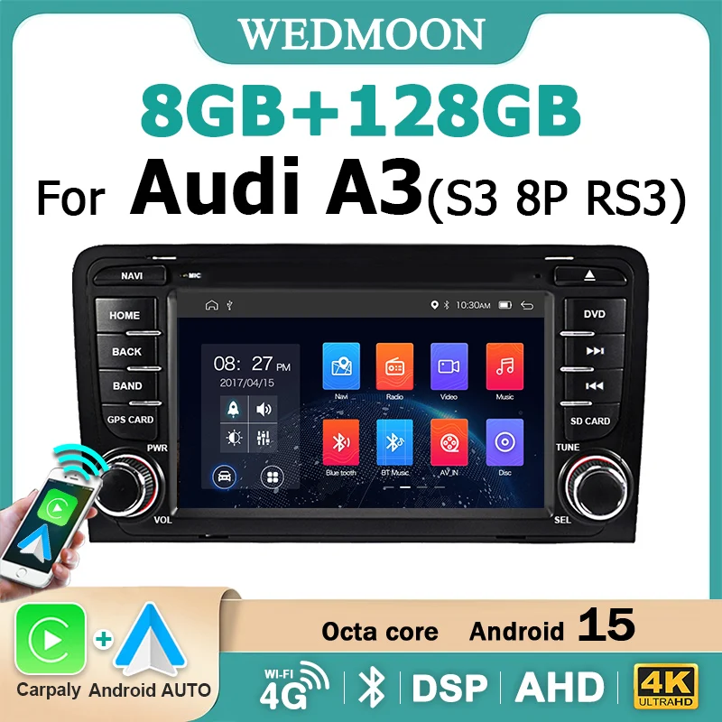 Autoradio sans fil Carplay Android 15, autoradio pour Audi A3 8P S3 RS3-2012, écran 7 pouces, lecteur multimédia Bluetooth BT