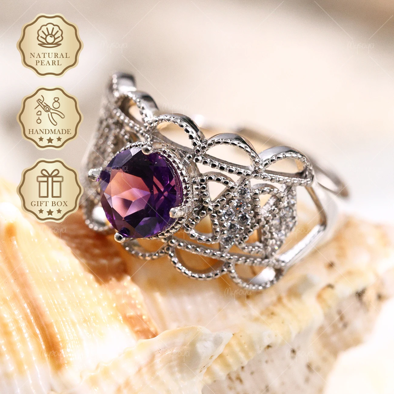 

Mysoya S925 Silvery Lace Pattern Ring Natural Amethyst 7mm 1.18ct Gift Box Valentine’s Day Birthday Gift For Her