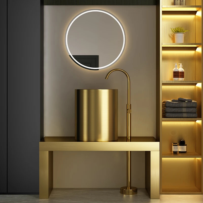 Round Gold Stainless Steel Column Basin Internet Celebrity Creative Floor Integrated Wash Basin Art Basin