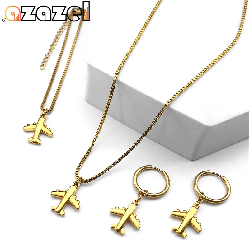 

Plane Airplane Aircraft Pendant Jewelry Set Women Men Stainless Steel Gold Color Minimalist Necklace Bracelet Hoop Earring Gifts