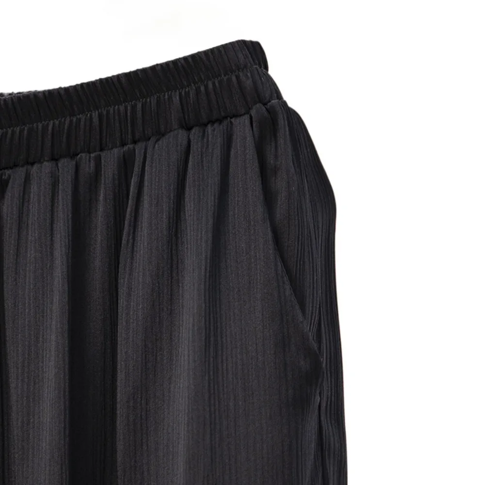 2026 Women's Spring New 100% Natural Mulberry Silk Bark Satin Double Pocket Black Elastic Waist Fashion Straight-leg Pants