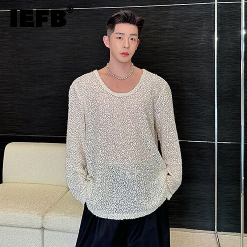 IEFB Niche Design Men's T-shirts Sequins Big Round Collar Long Sleeve Solid Color New Trendy Male Loose Tees New Autumn 9C5461