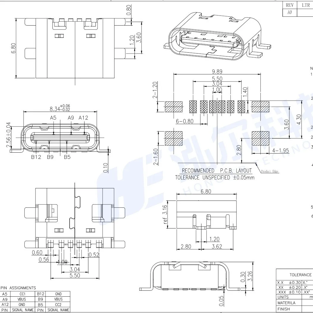 For TYPE C female6PIN board full paste L = 6.5/6 four feet full patch horizontal SMT charging USB3.1