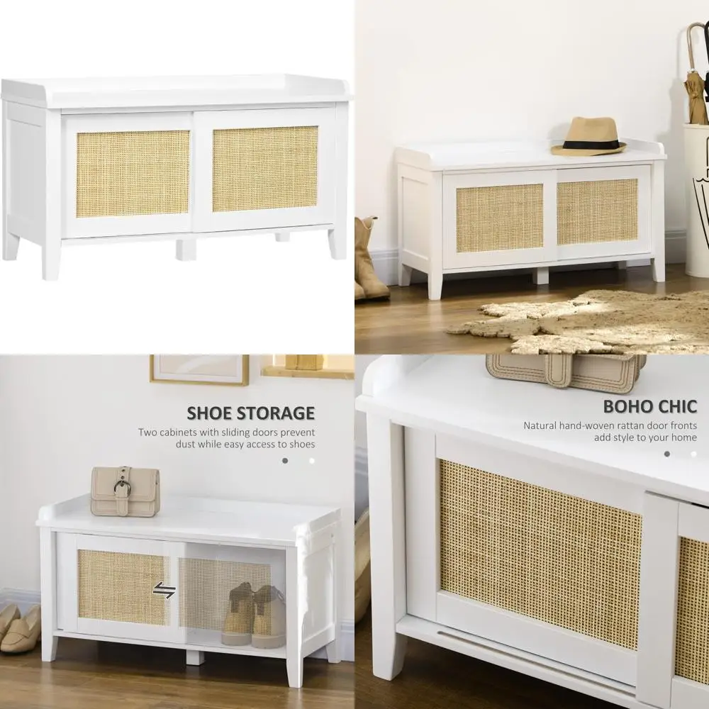 

Boho Style Shoe Storage Bench with 2 Sliding Doors, Pine Wood Legs, Ideal for Hallway Entryway Organizer