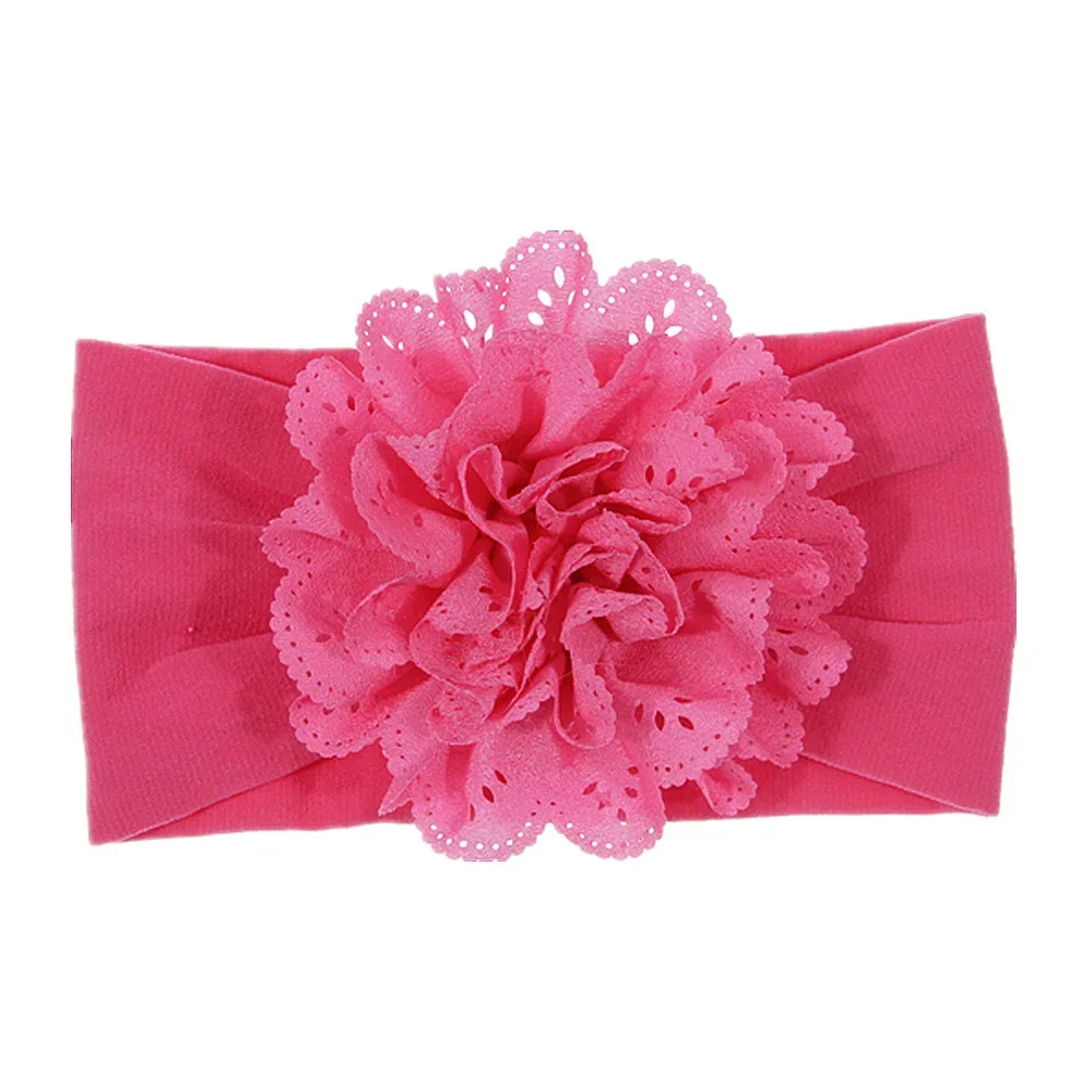 New Soft Stretch Eyelet Fabric Flower Baby Headband Newborn Knot Wide Nylon Headwraps Turban Girls Headwear Kids Photo Props
