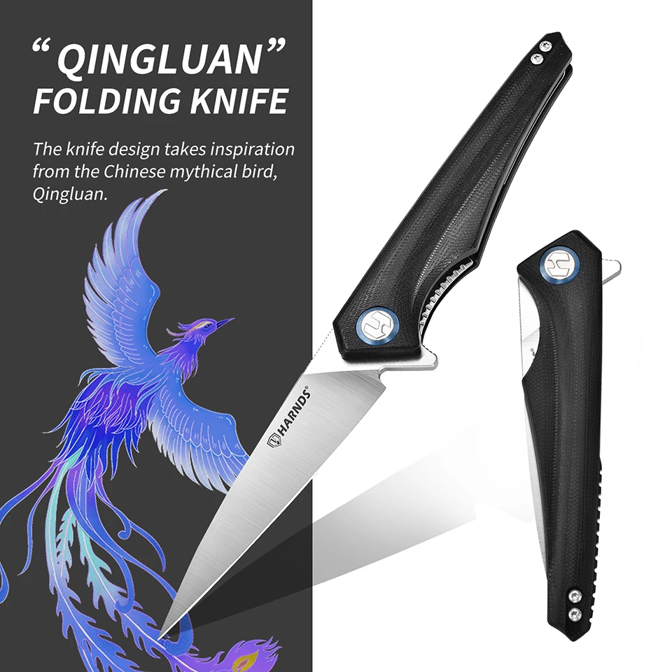 Harnds Qingluan Folding Knife with Pocket Clip, D2 Steel Blade 3.54'' and G10 Handle Outdoor Adventure knife EDC Camping Knife