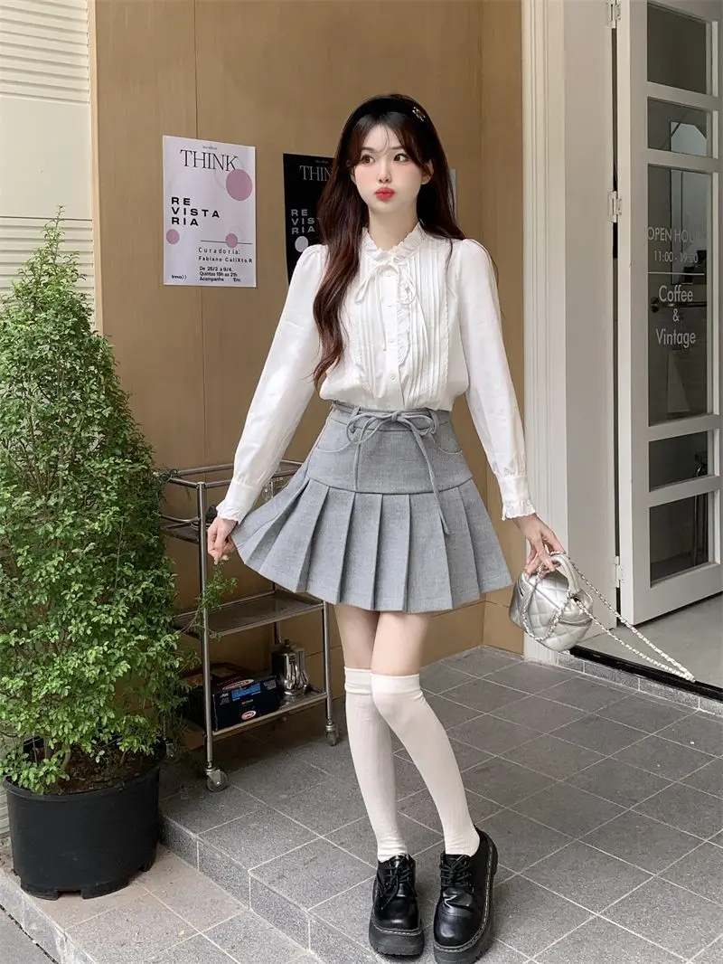 Blanc brodé champignon dentelle col montant Chemise français rétro à manches longues haut Chemise Femme Camisas De Mujer chemises et chemisiers