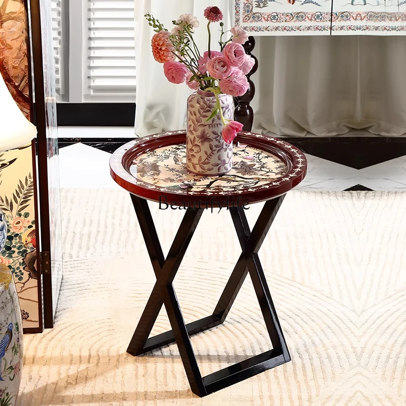 

French retro solid wood painting modern art coffee table red corner table