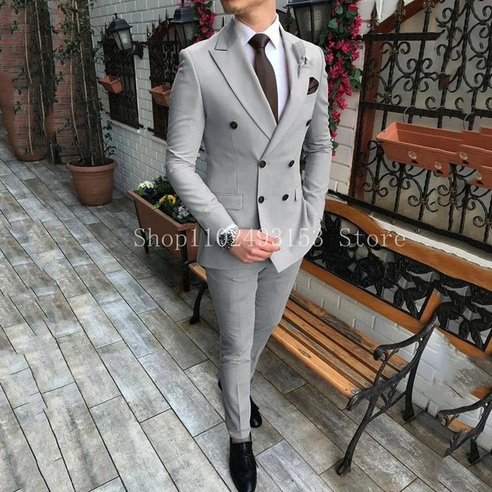 Bespoke Elegant Suits For Men 2 Pieces Beige Peak Lapel Double Breasted Slim Fit Classic Formal Wedding Dress Trajes De Hombre