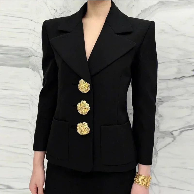 Plus Size High Quality 2024 New Fashion Fall Winter Office Womens Full Sleeve Big Bold Metal Button Pocket Casual Black Blazer